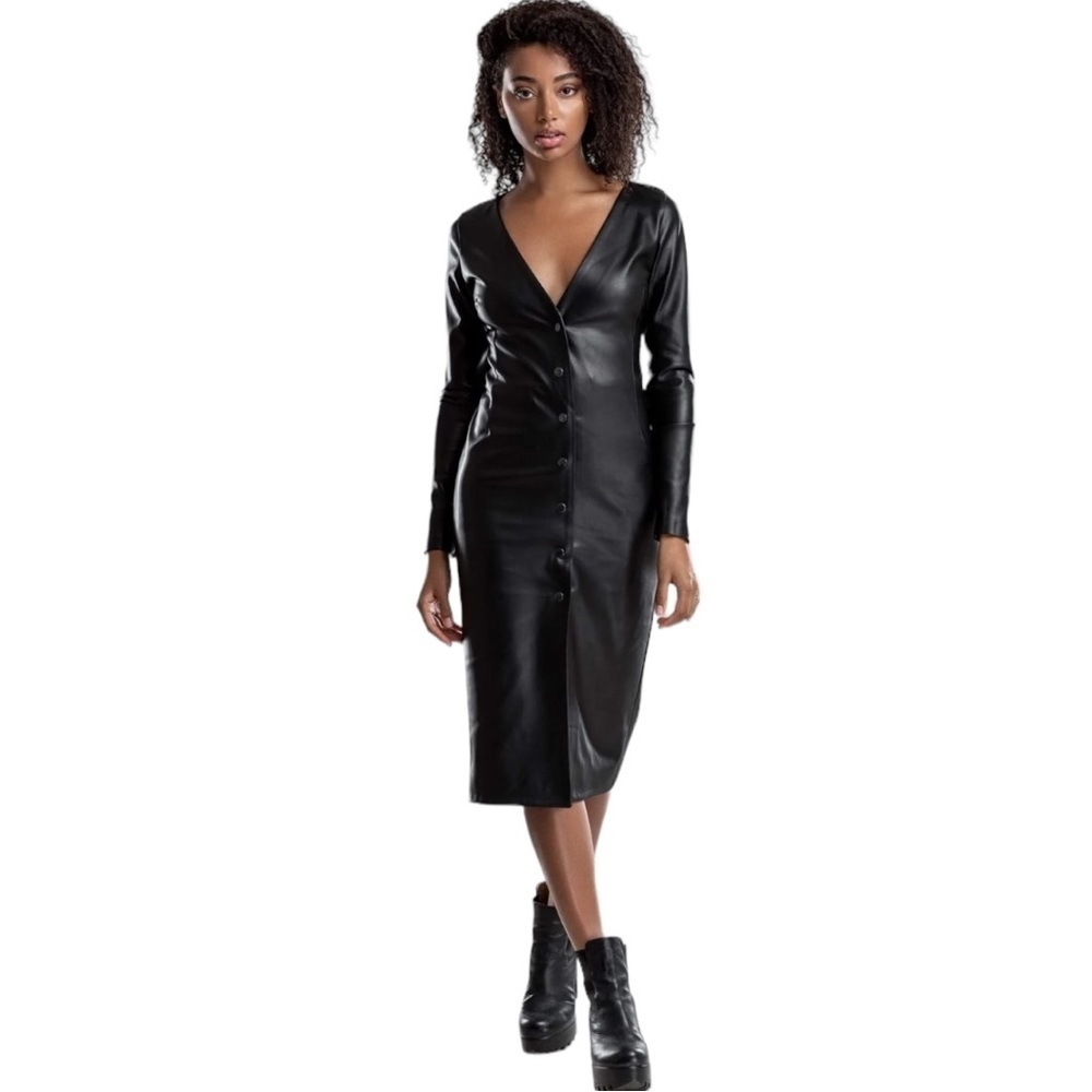 MDNT:45 Faux Leather V Neck Button Down Midi Dress Size XS